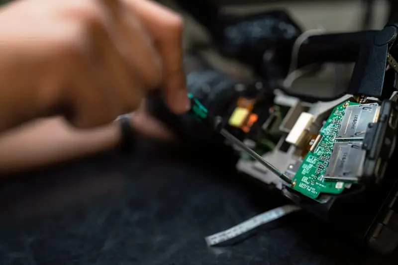 Manos reparando una placa de circuito